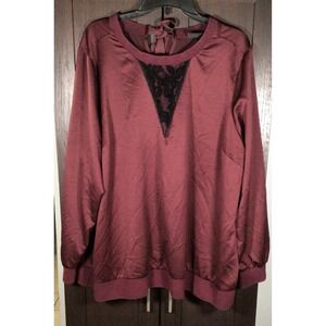 Burgundy Satin Long Sleeve Blouse Black Lace Inset Tie Back Top Maroon